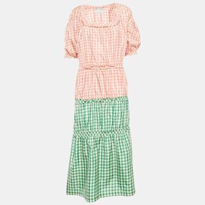 Cf. Goldman Pink/green Checkered Silk Tiered Midi Dress S